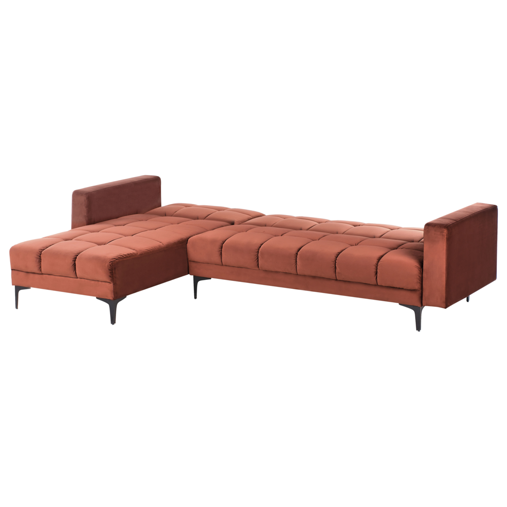 Divano angolare destro con ottomana Rivestimento in tessuto di velluto rosso Schienale reclinabile 3 posizioni Click-Clack