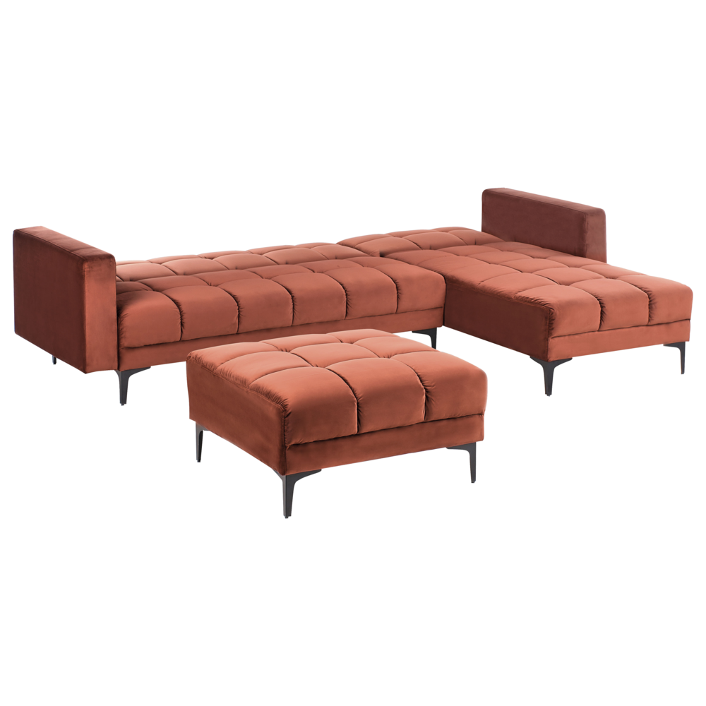 Divano angolare sinistro con ottomana Rivestimento in tessuto velluto rosso Schienale reclinabile 3 posizioni Click-Clack