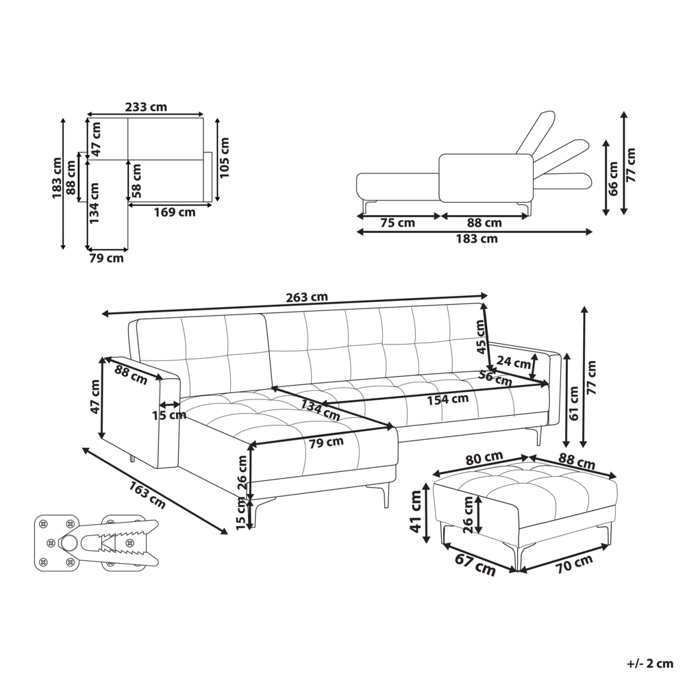Divano angolare destro con ottomana Rivestimento in tessuto di velluto rosso Schienale reclinabile 3 posizioni Click-Clack