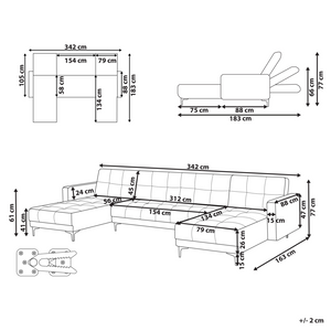 Divano 5 posti a U Rivestimento in tessuto velluto rosso Schienale reclinabile 3 posizioni Click-Clack