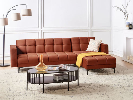 Divano angolare sinistro in tessuto vellutato rosso Schienale reclinabile 3 posizioni Click-Clack
