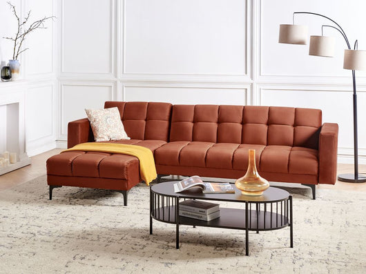 Divano angolare destro con ottomana Rivestimento in tessuto di velluto rosso Schienale reclinabile 3 posizioni Click-Clack