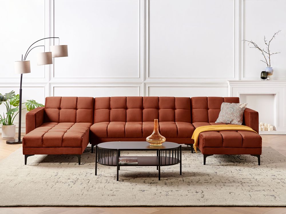 Divano 5 posti a U Rivestimento in tessuto velluto rosso Schienale reclinabile 3 posizioni Click-Clack