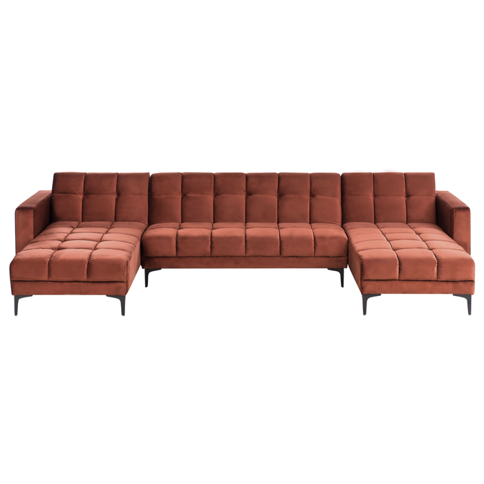 Divano 5 posti a U Rivestimento in tessuto velluto rosso Schienale reclinabile 3 posizioni Click-Clack