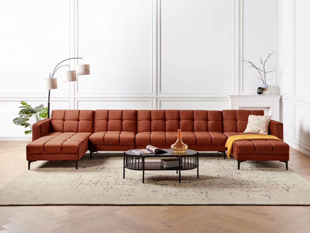 Divano 6 posti a U Rivestimento in tessuto velluto rosso Schienale reclinabile 3 posizioni Click-Clack