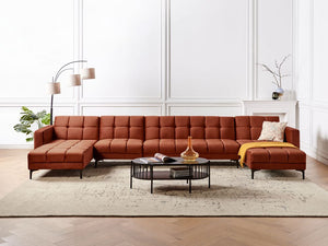 Divano 6 posti a U Rivestimento in tessuto velluto rosso Schienale reclinabile 3 posizioni Click-Clack