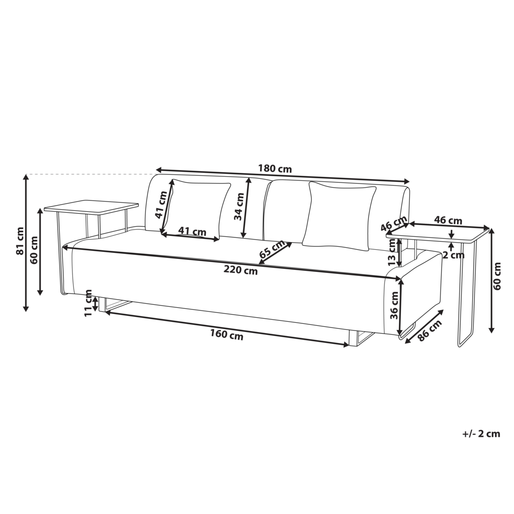 Divano con tavolini Nero Poliestere 3 posti Braccioli e schienale rimovibili con 2 tavolini laterali