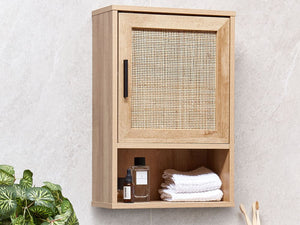Armadietto da bagno in particelle di legno chiaro Rattan intrecciato 40 x 60 cm Boho Design