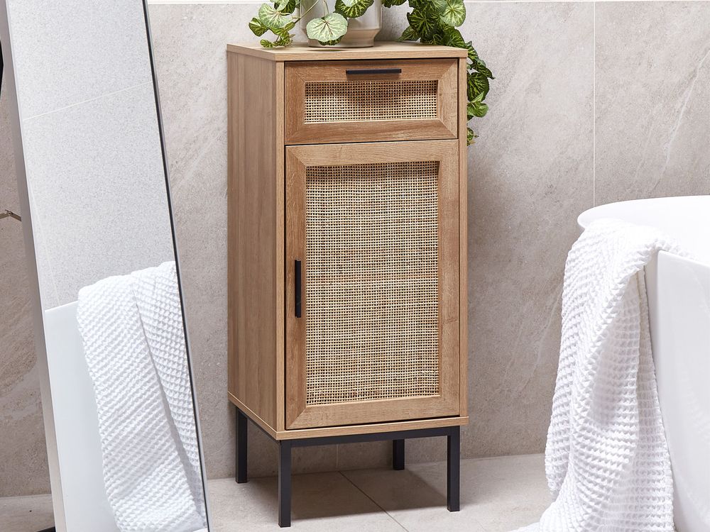 Mobiletto da bagno in particelle di legno chiaro Rattan intrecciato 40 x 92 cm Boho Design