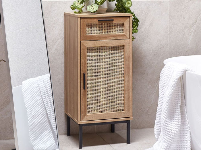 Mobiletto da bagno in particelle di legno chiaro Rattan intrecciato 40 x 92 cm Boho Design