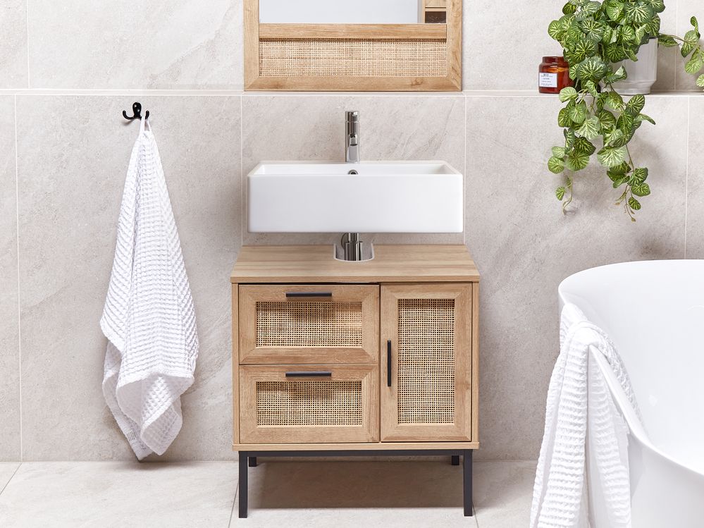 Mobiletto da bagno in particelle di legno chiaro Rattan frontale a treccia 60 x 60 cm Boho Design