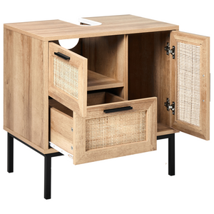 Mobiletto da bagno in particelle di legno chiaro Rattan frontale a treccia 60 x 60 cm Boho Design