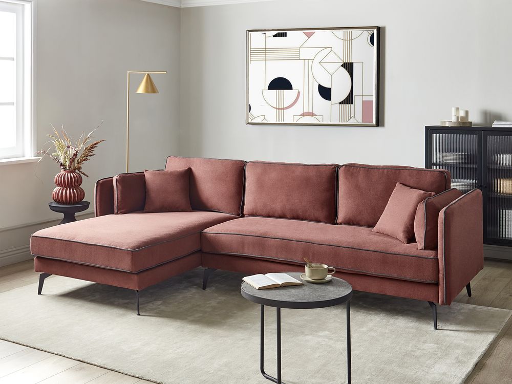 Divano 3 posti angolare regolabile lato destro in tessuto bordeaux stile moderno design classico