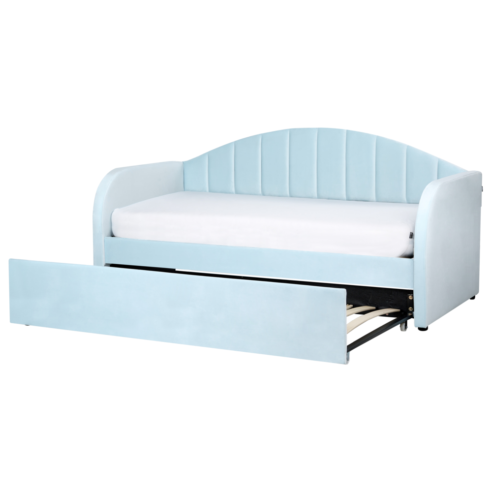 Letto estraibile in velluto blu 90 x 200 cm con struttura imbottita moderna glamour per una cameretta per bambini ospiti