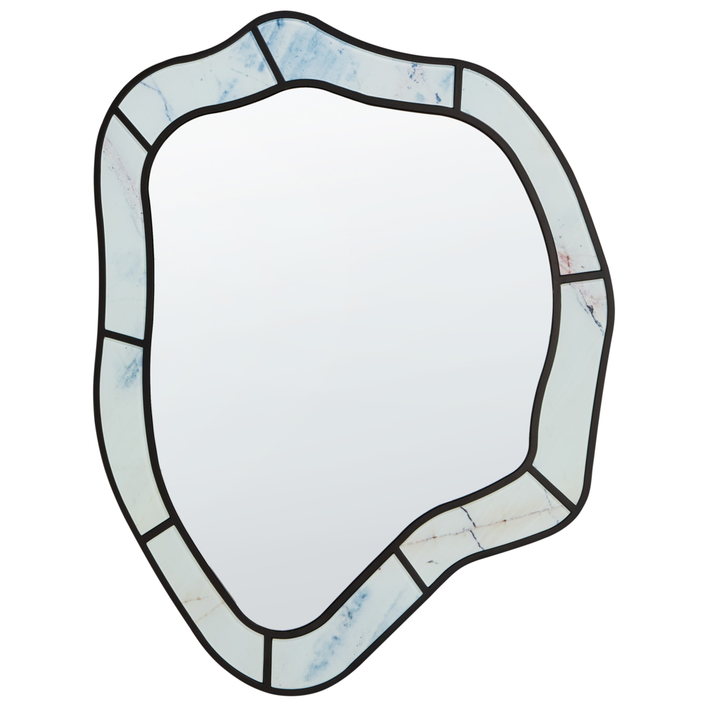 Specchio da parete di forma irregolare e rotonda in vetro e MDF azzurro stile moderno