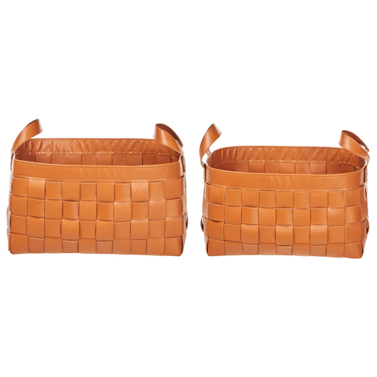 Set di 2 cesti fatti a mano in ecopelle marrone dorato con manici design retrò