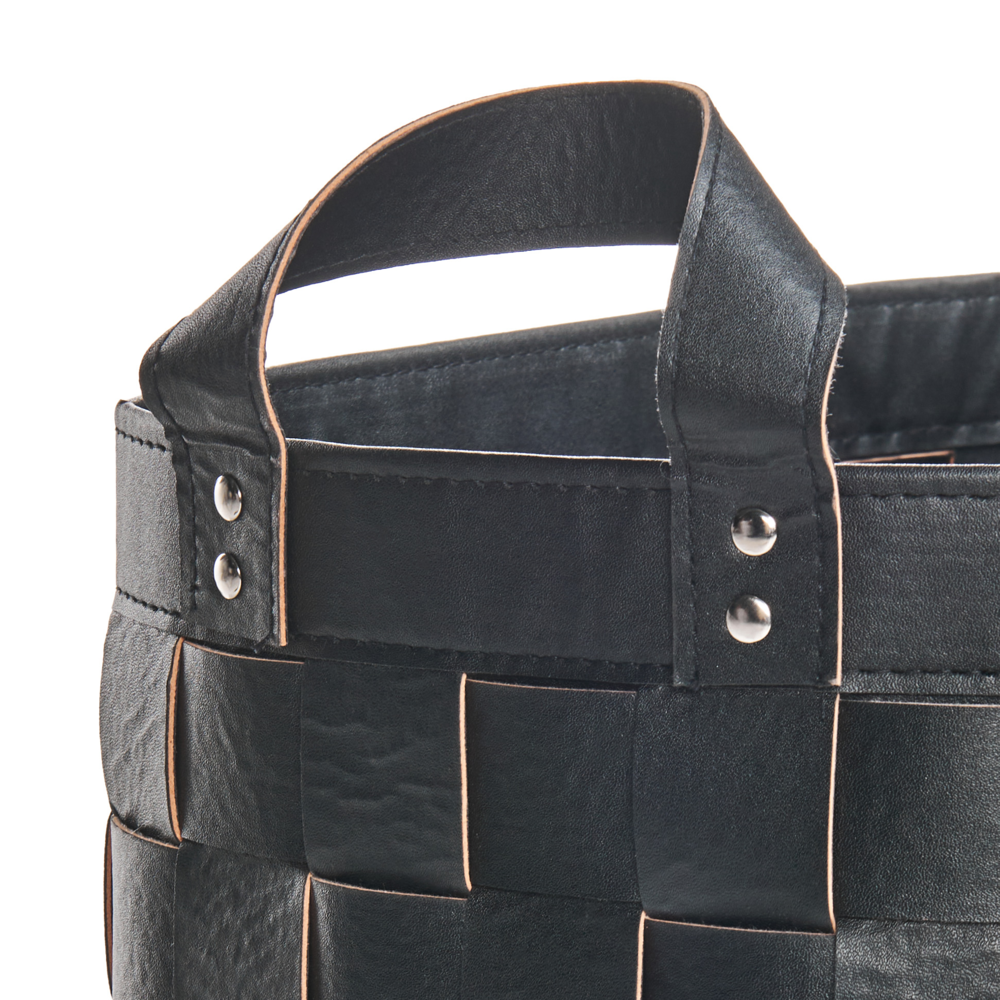 Set di 2 cesti fatti a mano in ecopelle nero con manici design retrò