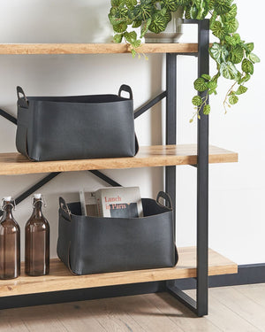 Set di 2 cesti portaoggetti in pelle sintetica nera fatti a mano con manici