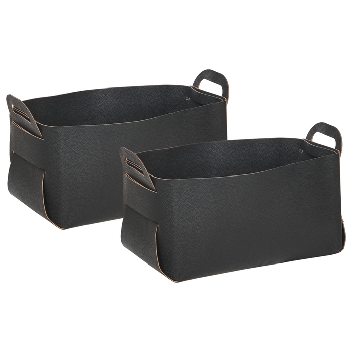 Set di 2 cesti portaoggetti in pelle sintetica nera fatti a mano con manici