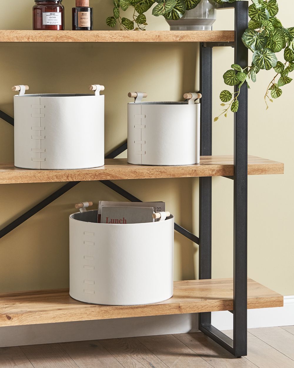 Set di 3 cesti portaoggetti fatti a mano con manici in ecopelle bianco sporco