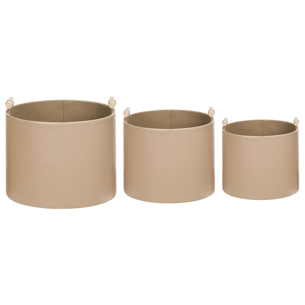 Set di 3 cesti portaoggetti fatti a mano con manici in ecopelle beige