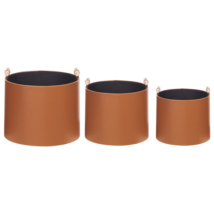 Set di 3 cesti portaoggetti fatti a mano con manici in ecopelle marrone