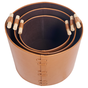 Set di 3 cesti portaoggetti fatti a mano con manici in ecopelle marrone