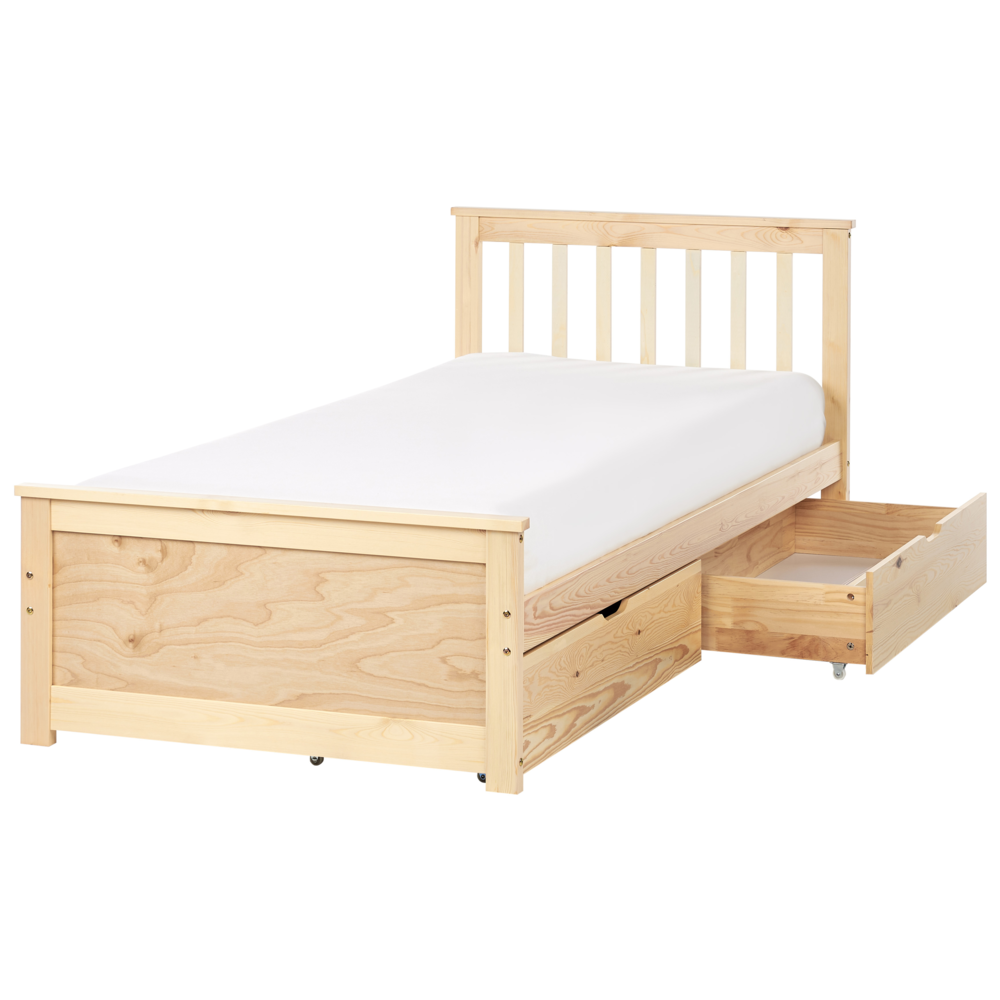 Letto in pino MDF con rete con contenitore 2 cassetti testiera minimalista 90 x 200 cm legno chiaro