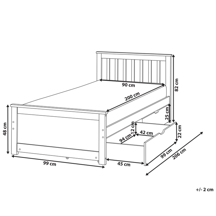 Letto in pino MDF con rete con contenitore 2 cassetti testiera minimalista 90 x 200 cm legno chiaro