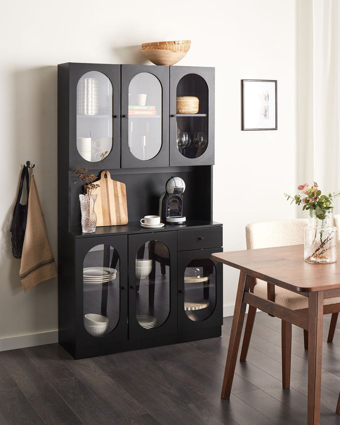 Vetrinetta in vetro Nero Particle Board Vetro temperato con ripiani e cassetti Sala da pranzo Elegante