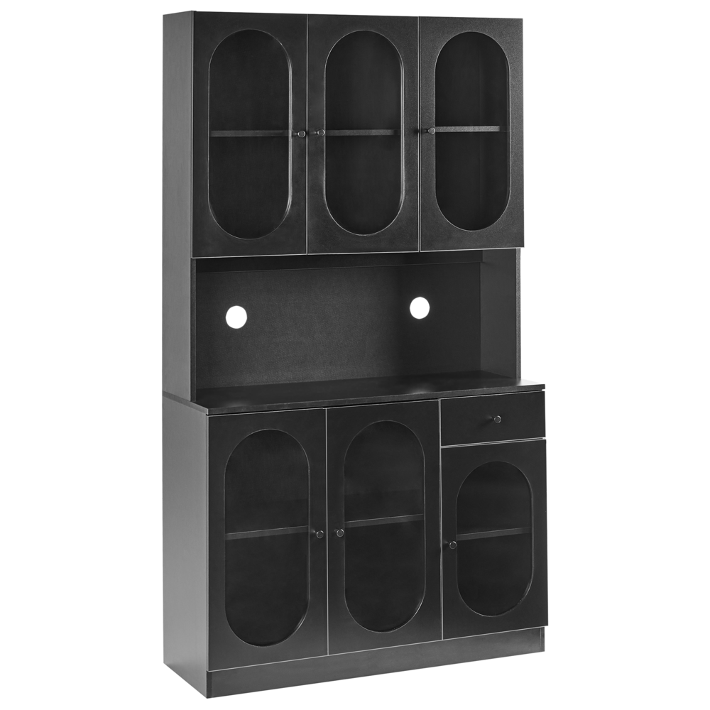 Vetrinetta in vetro Nero Particle Board Vetro temperato con ripiani e cassetti Sala da pranzo Elegante