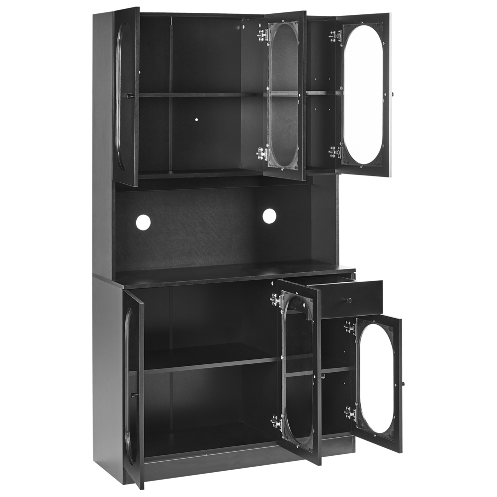 Vetrinetta in vetro Nero Particle Board Vetro temperato con ripiani e cassetti Sala da pranzo Elegante