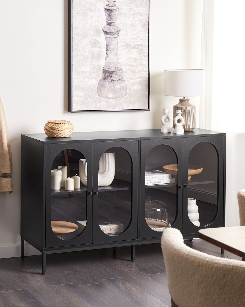 Credenza in truciolato nero in vetro temperato con ripiani gambe in ferro Sala da pranzo Elegante