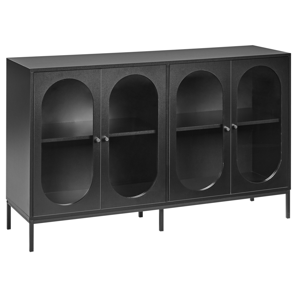 Credenza in truciolato nero in vetro temperato con ripiani gambe in ferro Sala da pranzo Elegante