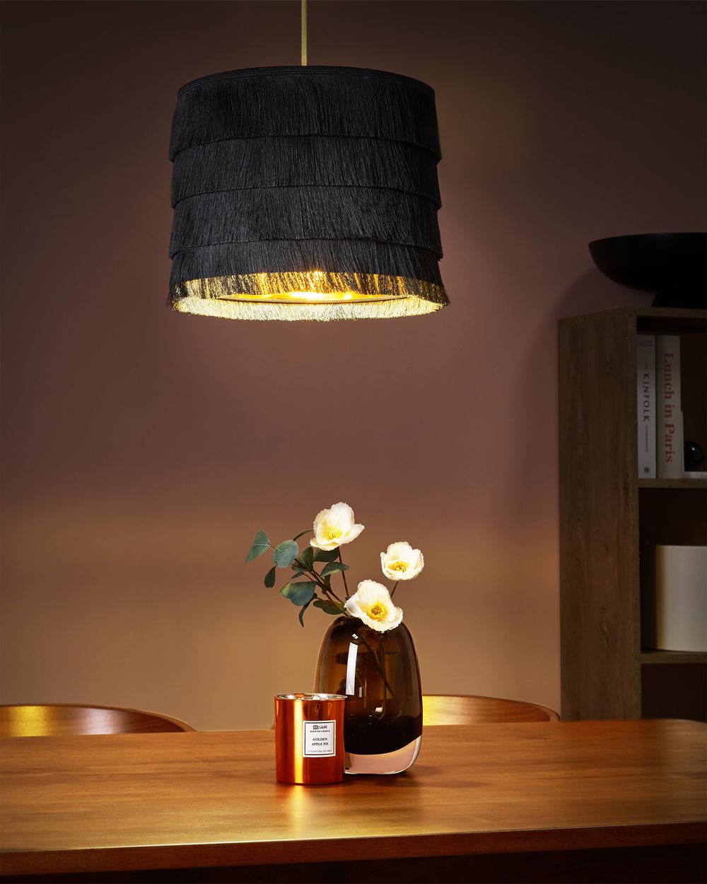 Lampada a sospensione in tessuto poliestere nero con frange Design moderno Luce per il soggiorno