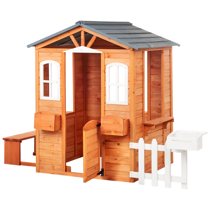 Casetta da giardino in legno di abete chiaro per esterni con panchina e cassetta postale