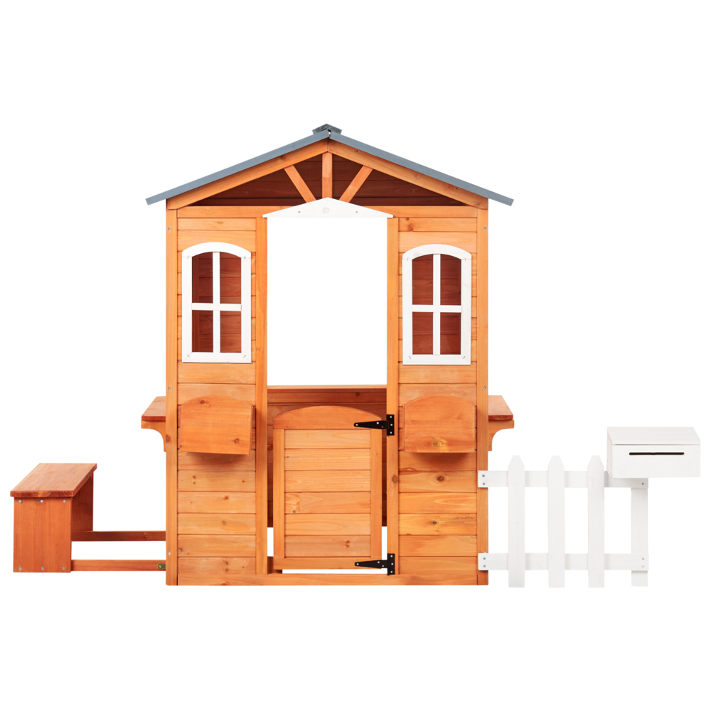 Casetta da giardino in legno di abete chiaro per esterni con panchina e cassetta postale