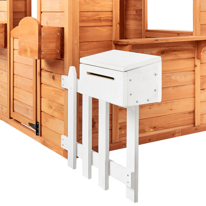 Casetta da giardino in legno di abete chiaro per esterni con panchina e cassetta postale