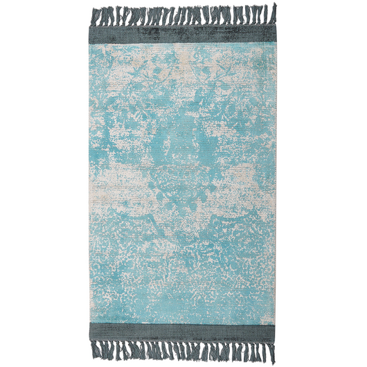 Tappeto vintage in viscosa con frange 80 x 150 cm blu e beige stile classico e retrò camera da letto soggiorno