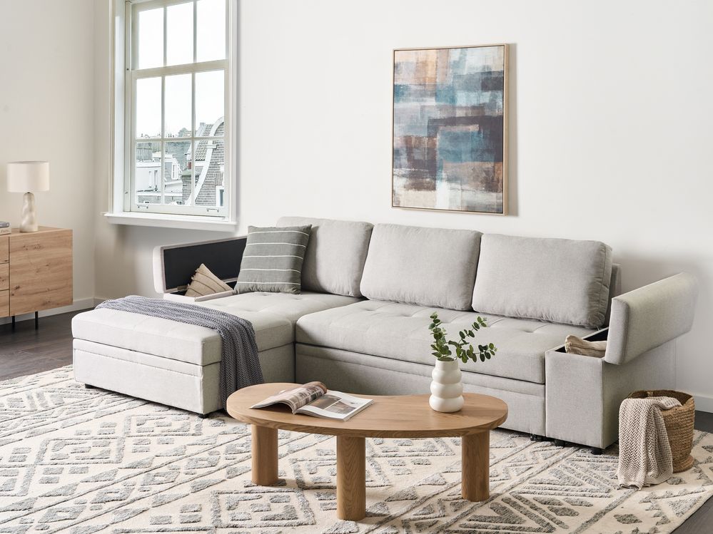 Divano letto angolare Grigio chiaro in tessuto imbottito Orientamento a destra con letto contenitore