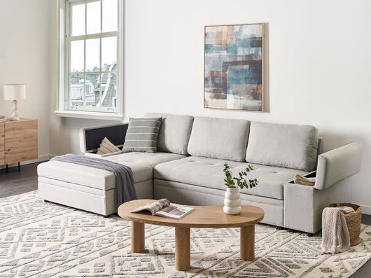 Divano letto angolare Grigio chiaro in tessuto imbottito Orientamento a destra con letto contenitore
