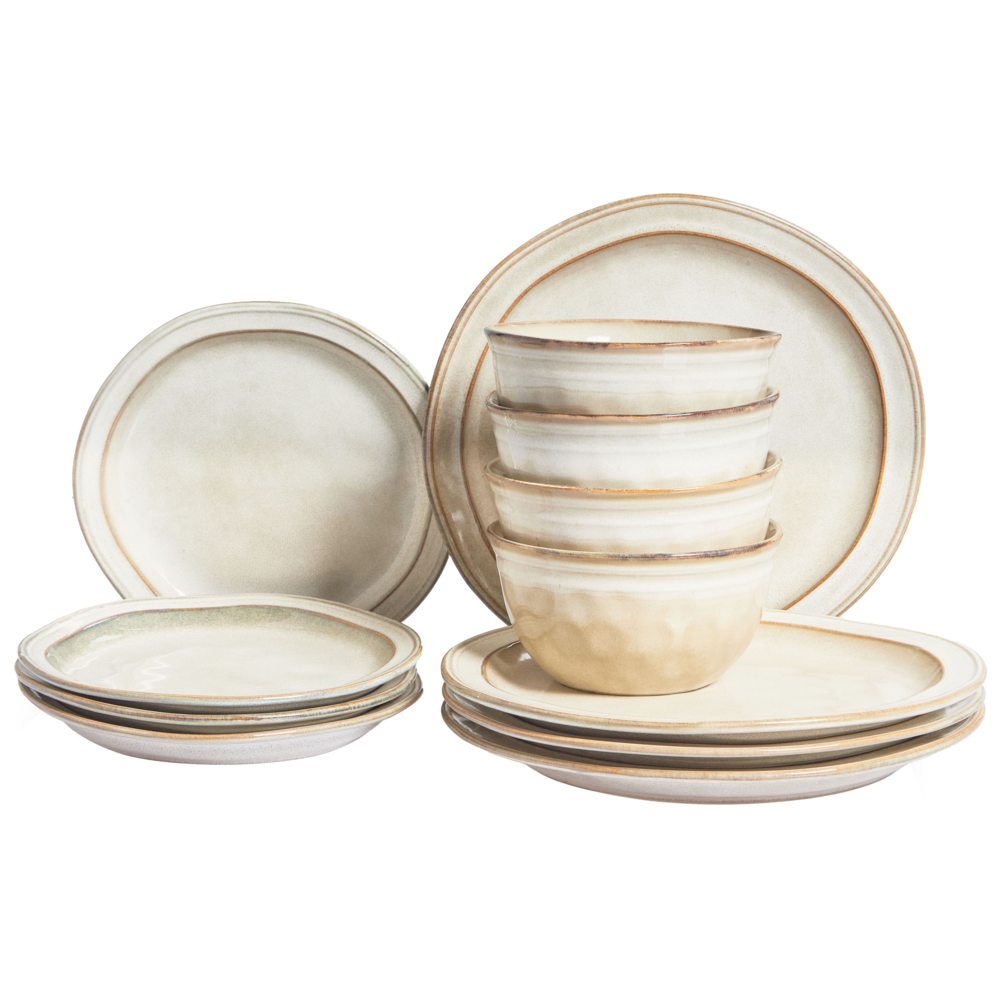 Set di 16 pezzi di gres beige chiaro in porcellana lavorato a mano  Servizio per 4 persone Cucina Sala da pranzo