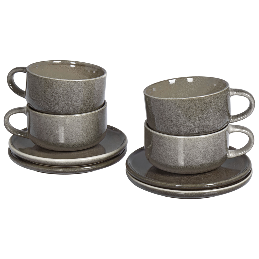 Set di 4 tazze con piattini in gres grigio con finitura in smalto reattivo fatto a mano Servizio per 4 persone per il tè e il caffè Cucina Sala da pranzo