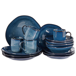 Set di 16 stoviglie in gres caolino fatto a mano con smalto reattivo Finitura blu Cucina Sala da pranzo