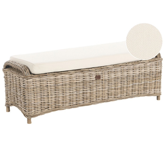 Ottomana da giardino 2 posti in rattan naturale, con cuscini bianchi e bianco sporco, 140 cm – Perfetto per esterni ed interni, stile boho per giardino, patio e balcone.