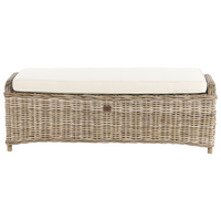 Ottomana da giardino 2 posti in rattan naturale, con cuscini bianchi e bianco sporco, 140 cm – Perfetto per esterni ed interni, stile boho per giardino, patio e balcone.