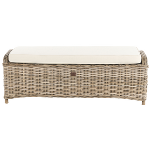 Ottomana da giardino 2 posti in rattan naturale, con cuscini bianchi e bianco sporco, 140 cm – Perfetto per esterni ed interni, stile boho per giardino, patio e balcone.