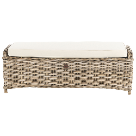 Ottomana da giardino 2 posti in rattan naturale, con cuscini bianchi e bianco sporco, 140 cm – Perfetto per esterni ed interni, stile boho per giardino, patio e balcone.