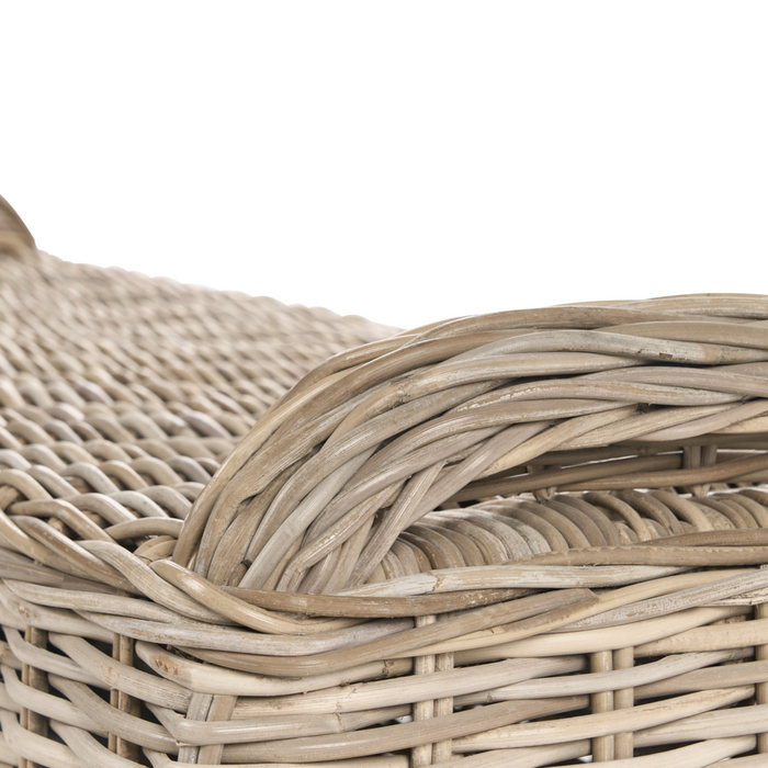 Ottomana da giardino 2 posti in rattan naturale, con cuscini bianchi e bianco sporco, 140 cm – Perfetto per esterni ed interni, stile boho per giardino, patio e balcone.