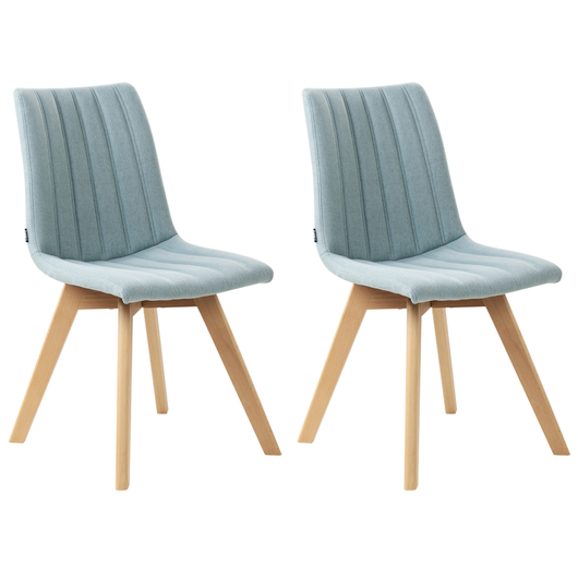 Set di 2 Sedie da Pranzo Tessuto azzurro e Gambe in Legno Imbottitura verticale Schienale curvo